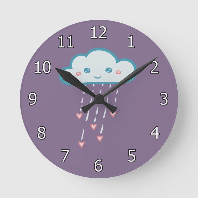 Happy Blue Rain Cloud Raining Pink Hearts Round Clock (Front)