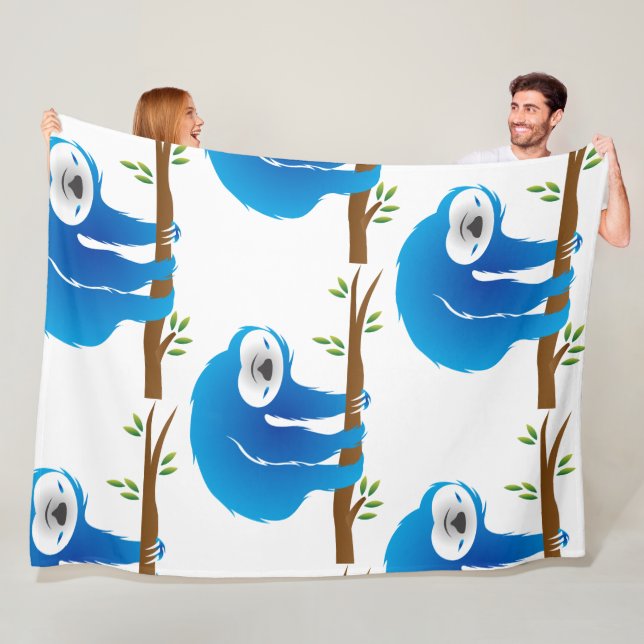 Happy Blue Sloth Climbing Tree Fleece Blanket (In Situ)