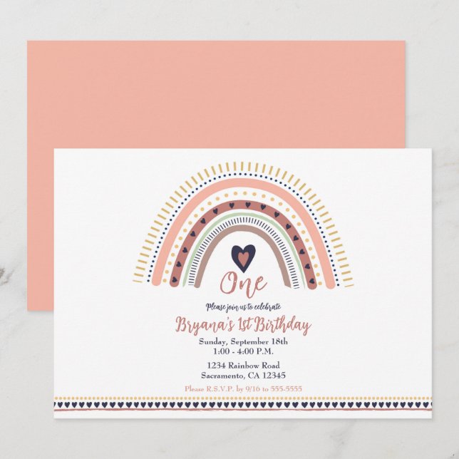 Happy Boho Rainbow Modern Birthday Party     Invitation (Front/Back)