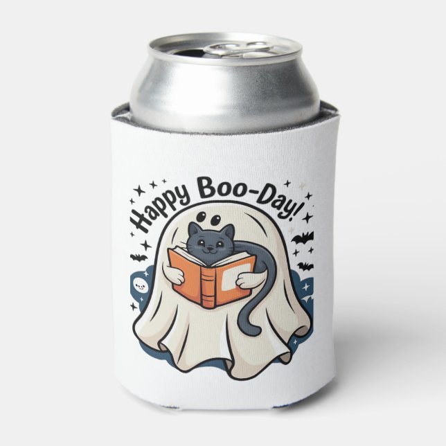 Happy Boo-Day Ghost Cat PNG - Spooky Cute Oversize Can Cooler (Can Front)