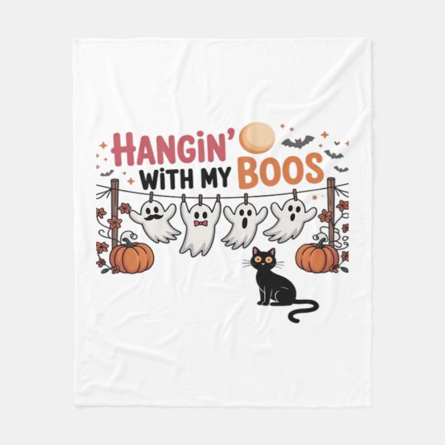 Happy Boo-Day Ghost Cat PNG - Spooky Cute Oversize Fleece Blanket (Front)