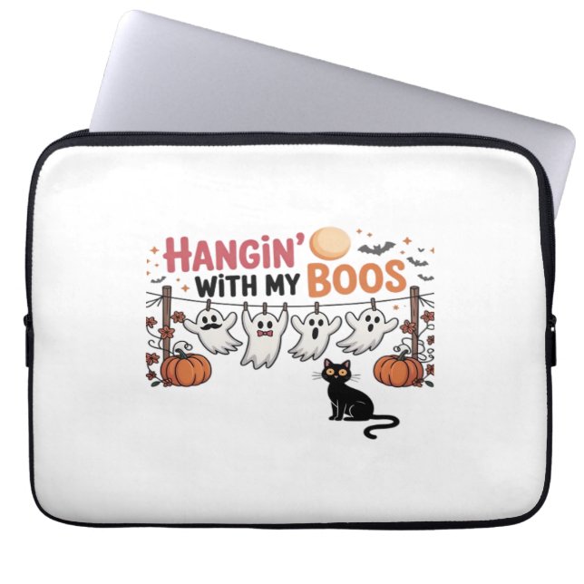 Happy Boo-Day Ghost Cat PNG - Spooky Cute Oversize Laptop Sleeve (Front)