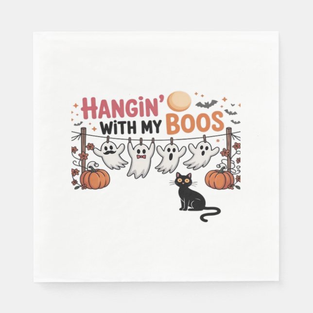 Happy Boo-Day Ghost Cat PNG - Spooky Cute Oversize Napkin (Front)