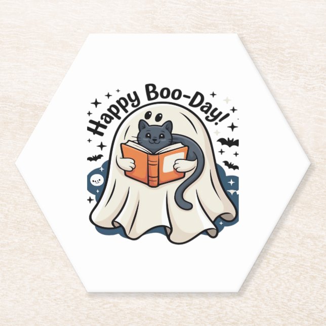 Happy Boo-Day Ghost Cat PNG - Spooky Cute Oversize Paper Coaster (Front)