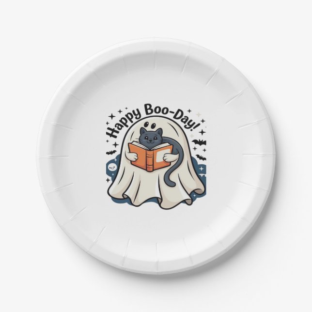 Happy Boo-Day Ghost Cat PNG - Spooky Cute Oversize Paper Plate (Front)