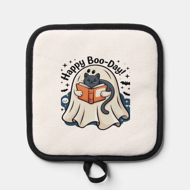 Happy Boo-Day Ghost Cat PNG - Spooky Cute Oversize Pot Holder (Front)