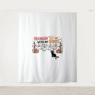 Happy Boo-Day Ghost Cat PNG - Spooky Cute Oversize Tapestry