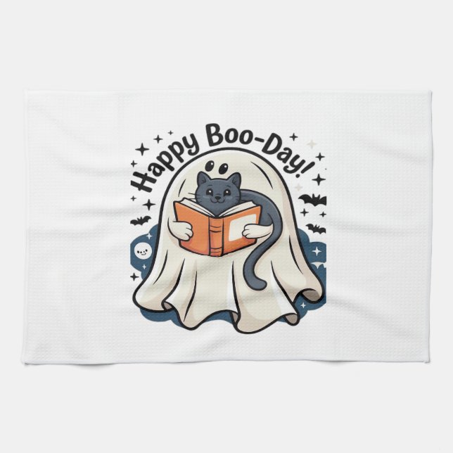 Happy Boo-Day Ghost Cat PNG - Spooky Cute Oversize Tea Towel (Horizontal)