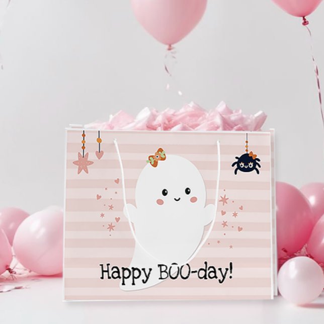 Happy BOOday Kawaii Ghost Pink Halloween Large Gift Bag (Happy Booday Halloween Birthday Gift Bag)