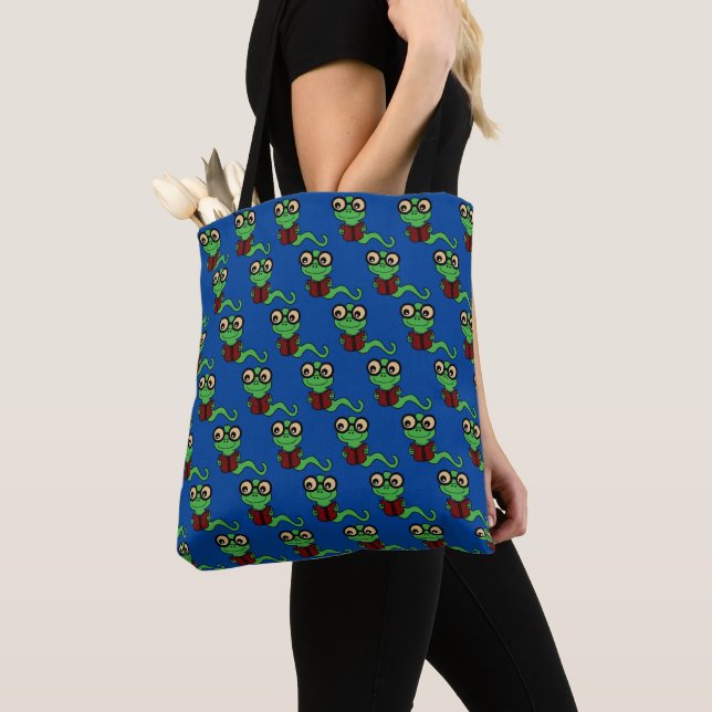 Happy Bookworm Teal Tote Bag (Close Up)