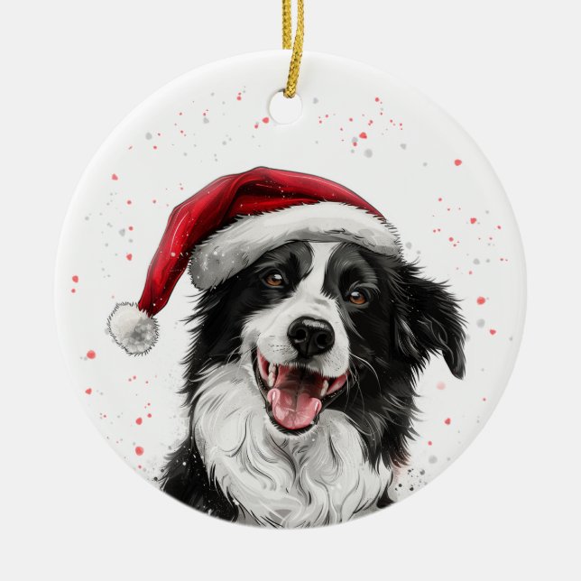 Happy Border Collie Dog Christmas Personalized Ceramic Tree Decoration (Front)