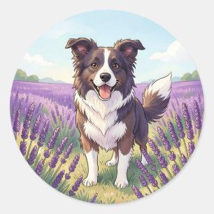 Happy Border Collie Lavender Field Classic Round Sticker