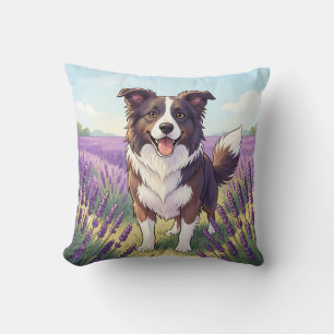 Happy Border Collie Lavender Field Cushion