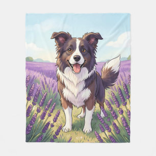 Happy Border Collie Lavender Field Fleece Blanket