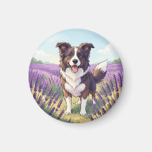 Happy Border Collie Lavender Field Magnet