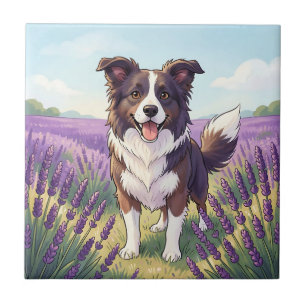 Happy Border Collie Lavender Field Tile