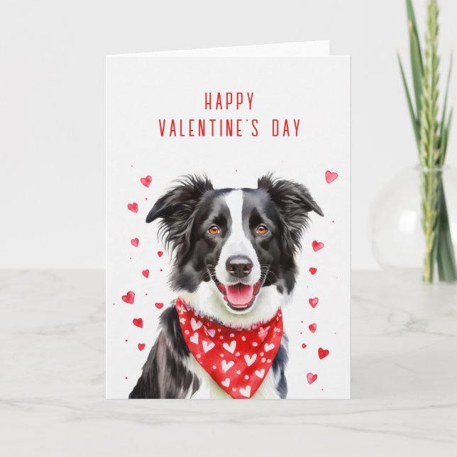Happy Border Collie Read Heart Bandanna Valentine Holiday Card (Front)