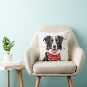 Happy Border Collie with Red Heart Bandanna Cushion