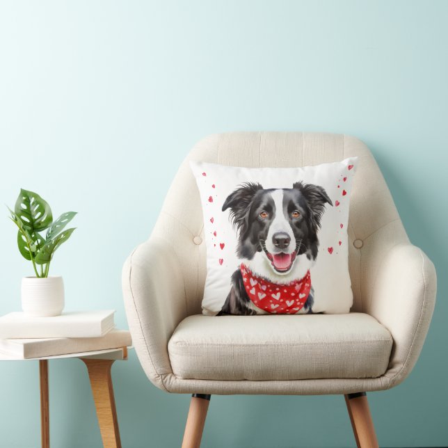 Happy Border Collie with Red Heart Bandanna Cushion (Chair)