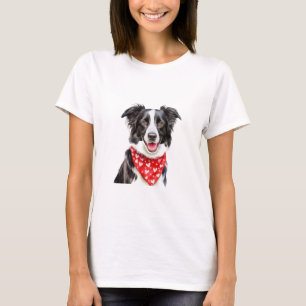 Happy Border Collie with Red Heart Bandanna T-Shirt