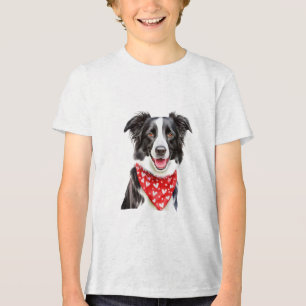 Happy Border Collie with Red Heart Bandanna Tri-Blend Shirt