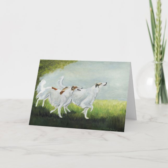 "Happy Borzois" Dog Art Reproduction Greeting Card (Front)