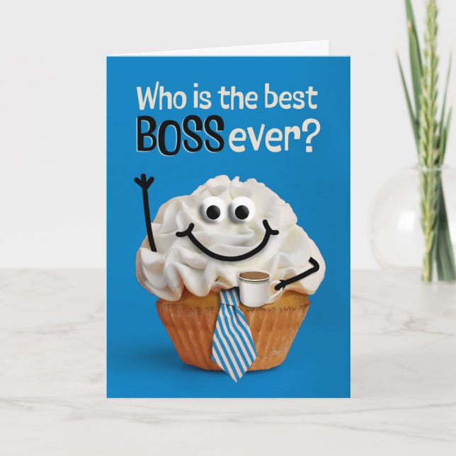 Happy Boss's Day Cupcake in Necktie with Coffee  Holiday Card (Front)