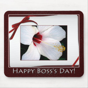 Happy Boss's Day White Hibiscus Floral Mouse Mat