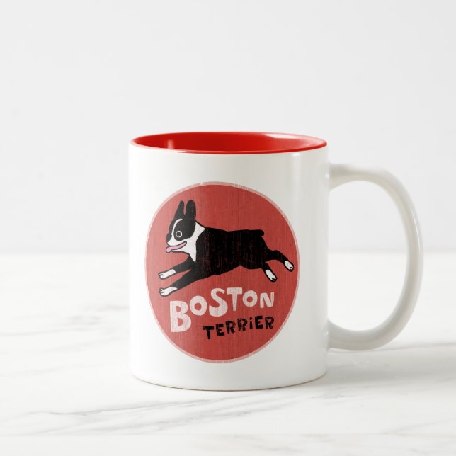 Happy Boston Terrier Running | Cute Cartoon Dog Two-Tone Coffee Mug (Right)