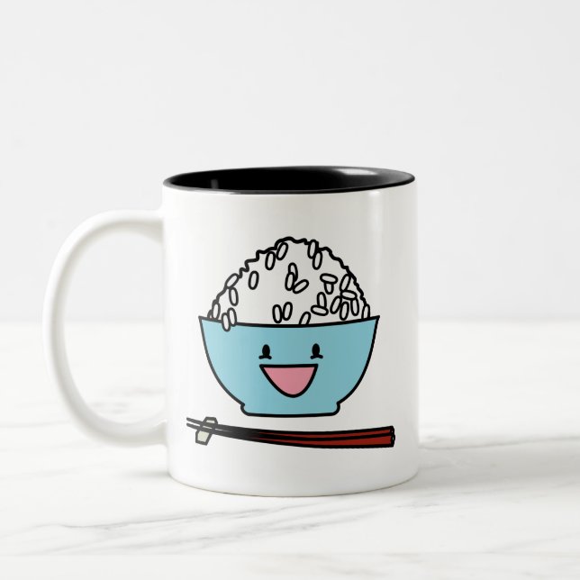 Happy bowl of white rice chopsticks carbs Two-Tone coffee mug (Left)