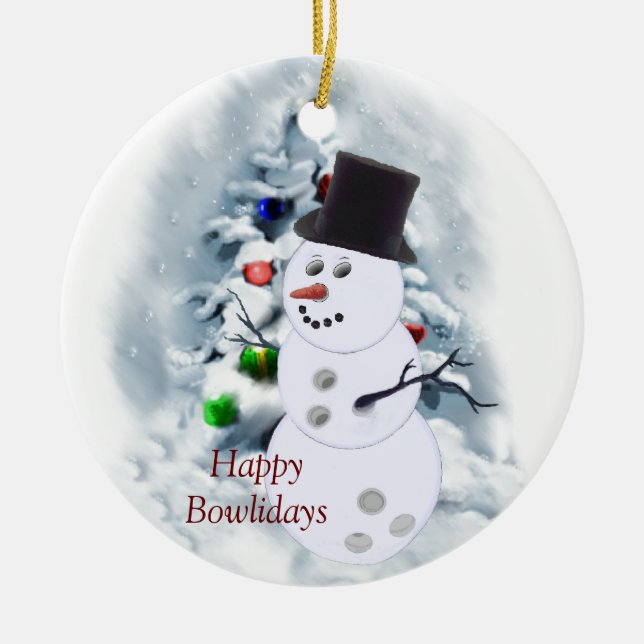 Happy Bowlidays Snowman Ceramic Tree Decoration (Front)
