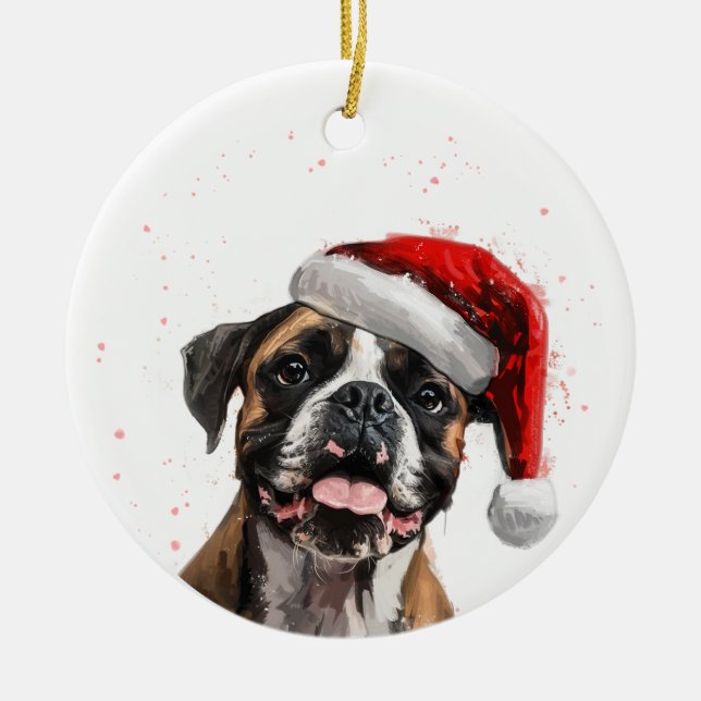 Happy Boxer Dog Christmas Personalized Ceramic Tree Decoration (Front)