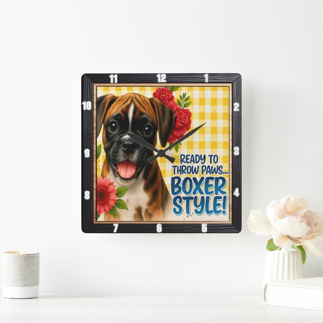Happy Boxer Puppy Floral Square Wall Clock (Home)