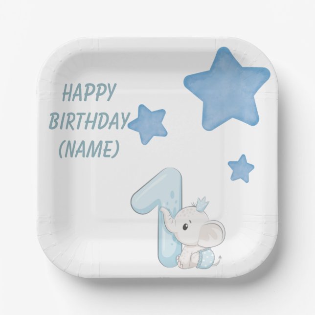 Happy Boy 1st Birthday  (Customisable text & Name) Paper Plate (Front)