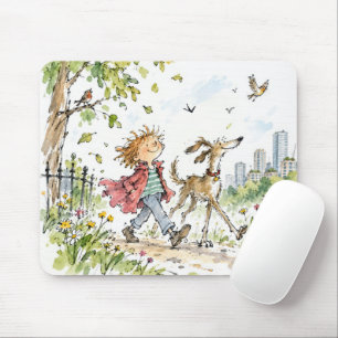 Happy Boy and Dog In City Park Mouse Mat