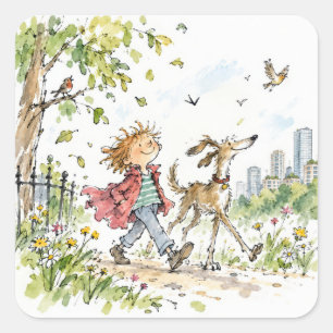 Happy Boy and Dog In City Park Square Sticker