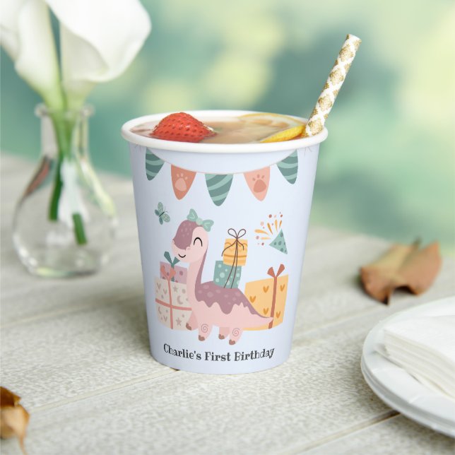 Happy Brachiosaur Dinosaur carrying gifts, Paper Cups (Insitu)