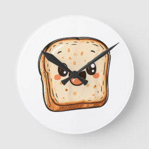 Happy Bread Slice Cartoon Smiling Toast Round Clock