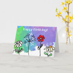 Happy bright cartoon flowers on watercolors card