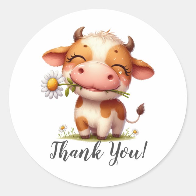 Happy Brown Cow with Flower Thank You Classic Round Sticker (Front)
