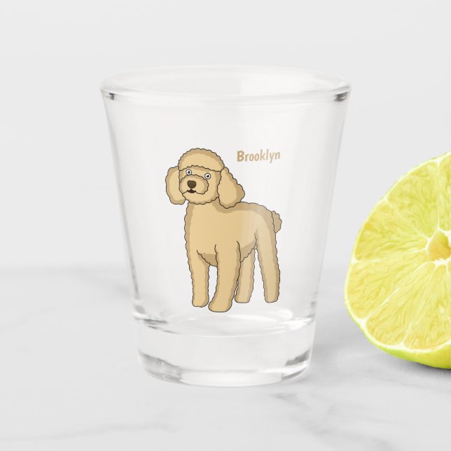 Happy brown poodle cartoon illustration shot glass (Front)