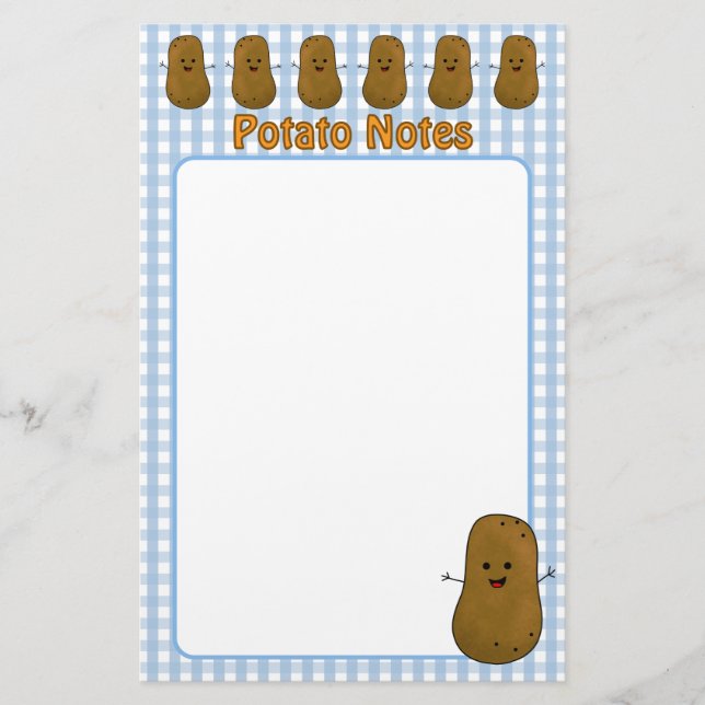 Happy Brown Potato Blue Gingham Stationery (Front)