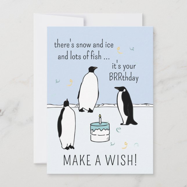 Happy BRRthday Penguin Birthday Cake Make a Wish Card (Front)
