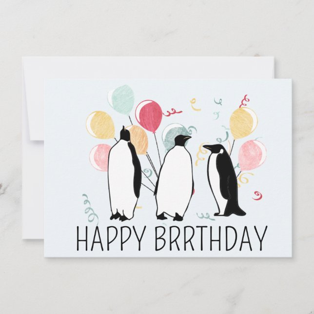 Happy BRRthday Penguin Winter Birthday Balloons  Card (Front)