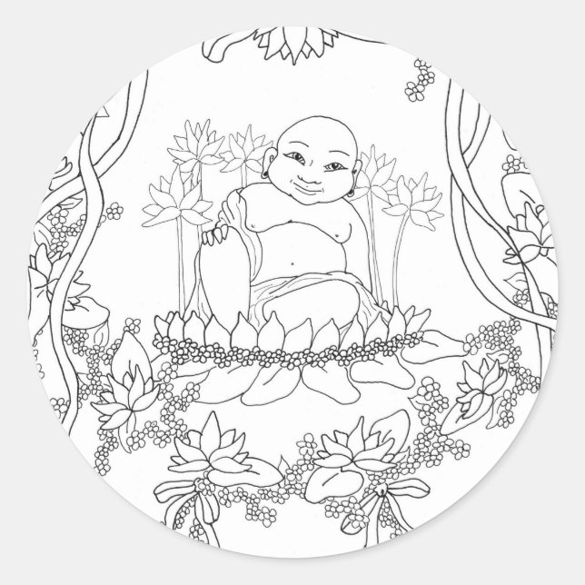 Happy Buddha with Lotus Classic Round Sticker (Front)