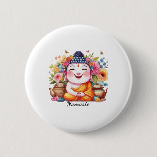 Happy Buddha Yoga Namaste With Tea And Flowers 6 Cm Round Badge