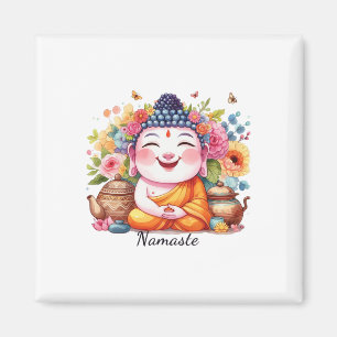 Happy Buddha Yoga Namaste With Tea And Flowers Magnet