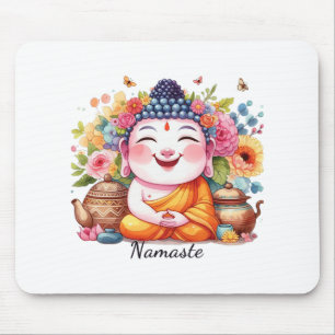 Happy Buddha Yoga Namaste With Tea And Flowers Mouse Mat