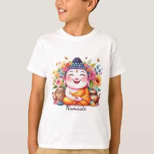Happy Buddha Yoga Namaste With Tea And Flowers T-Shirt