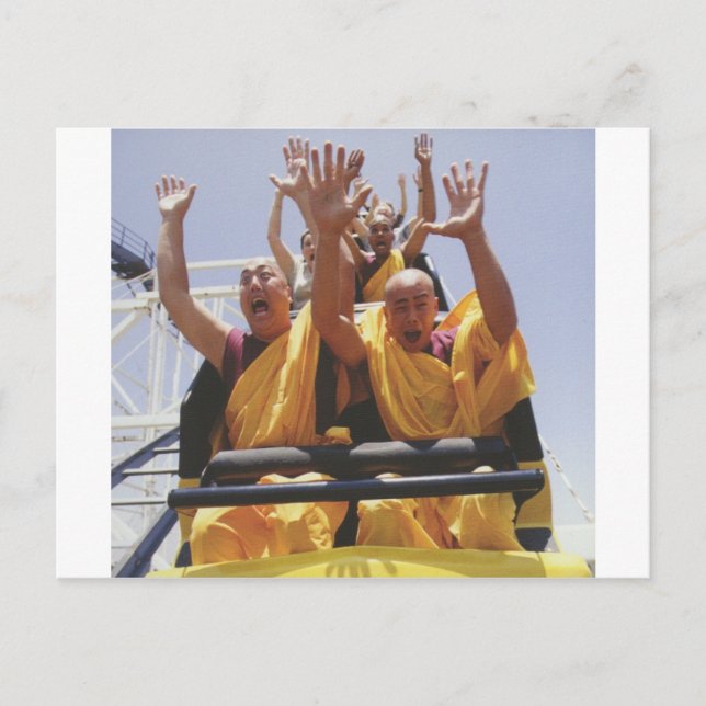 Happy buddhist monks on a roller coaster postcard (Front)